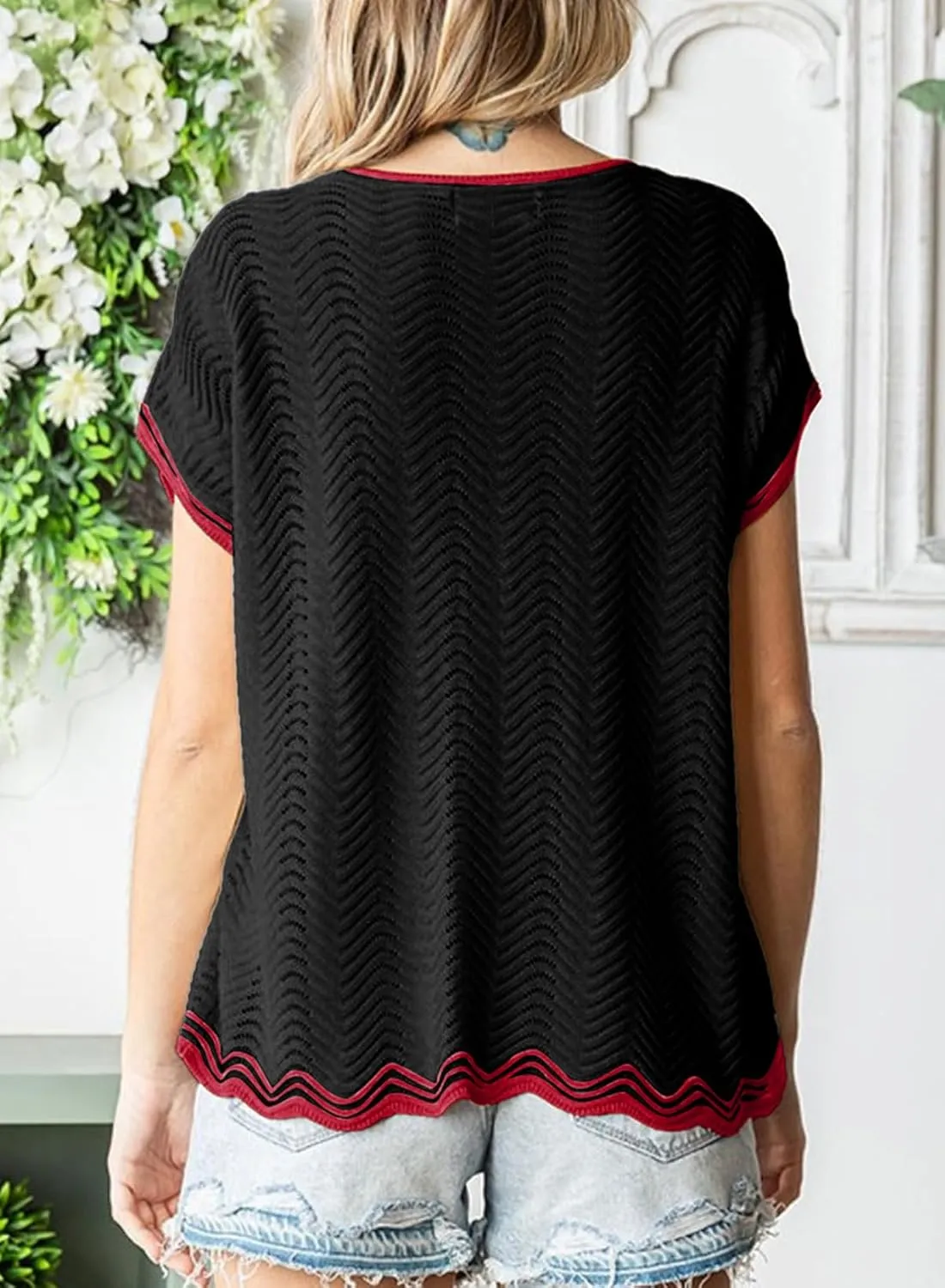 Dokotoo Womens Summer Tops Casual Short Sleeve Wavy Crochet Crewneck Color Block Lightweight Knit Loose Pullover Sweaters
