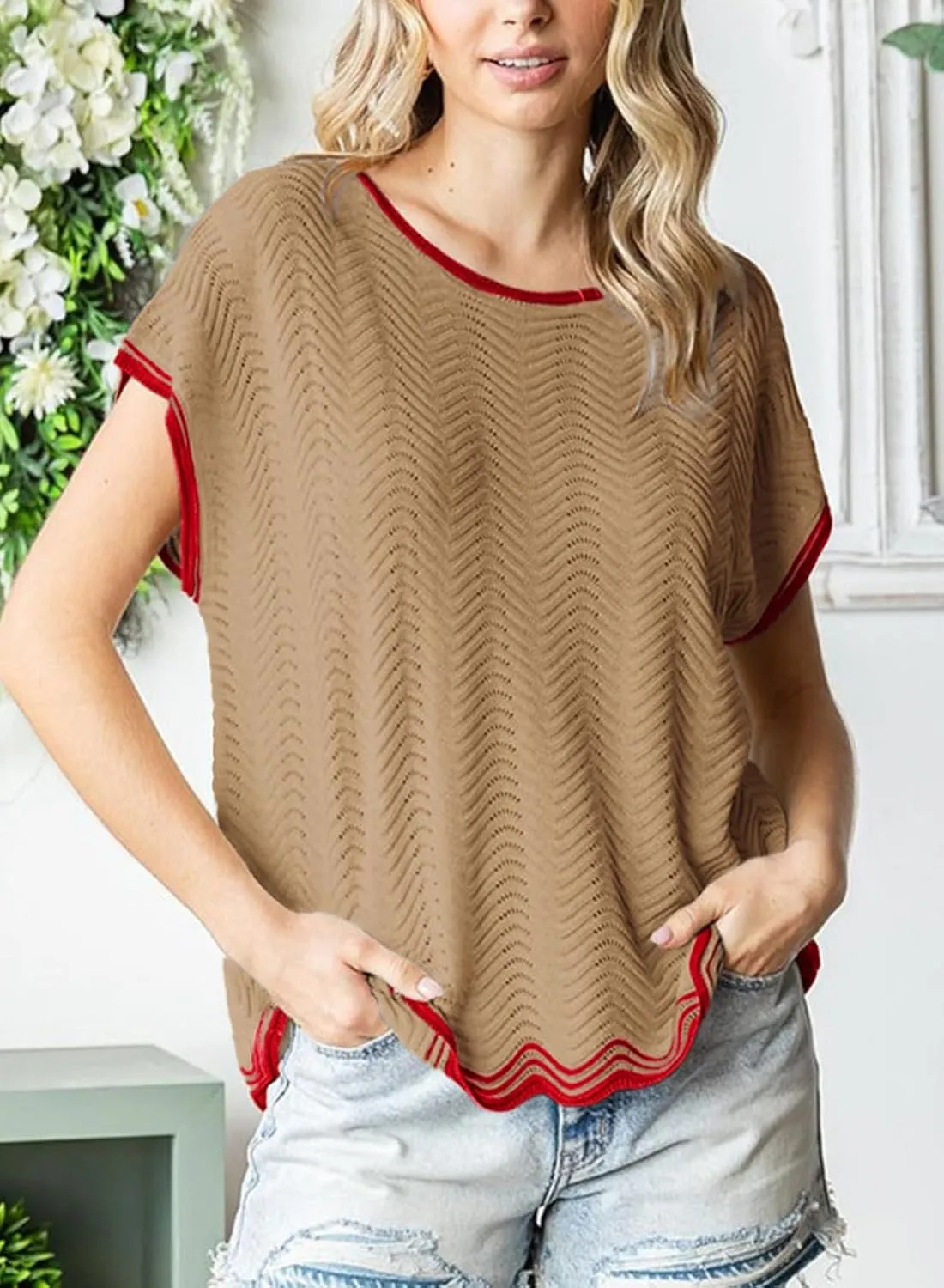 Dokotoo Womens Summer Tops Casual Short Sleeve Wavy Crochet Crewneck Color Block Lightweight Knit Loose Pullover Sweaters