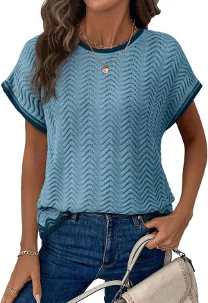 Dokotoo Womens Summer Tops Casual Short Sleeve Wavy Crochet Crewneck Color Block Lightweight Knit Loose Pullover Sweaters