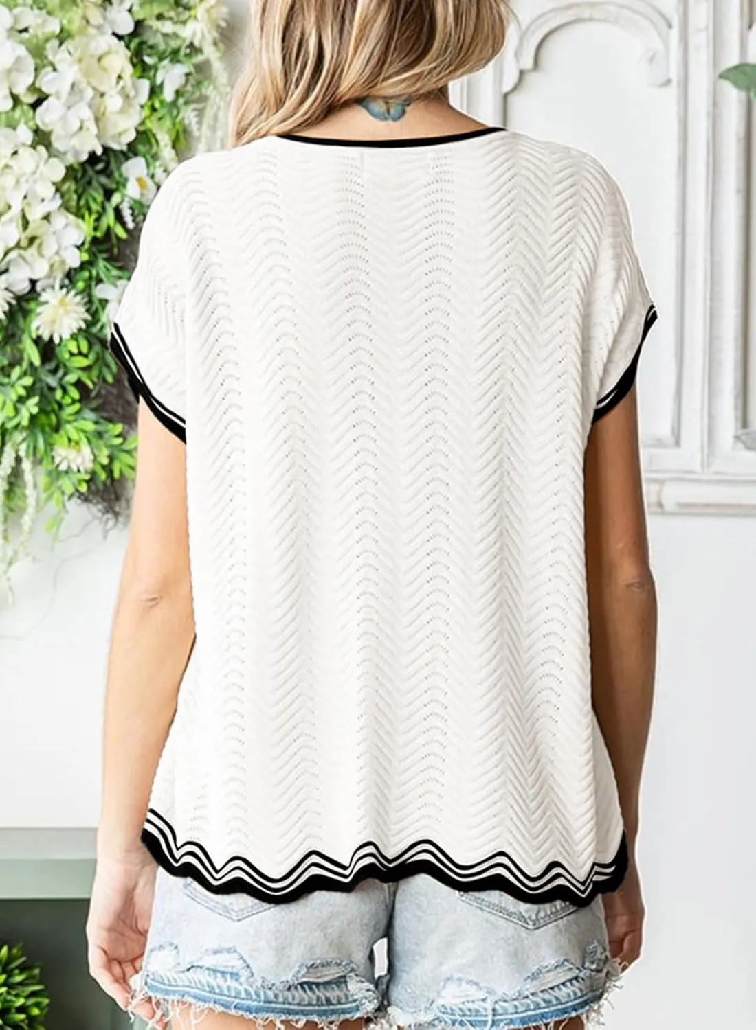 Dokotoo Womens Summer Tops Casual Short Sleeve Wavy Crochet Crewneck Color Block Lightweight Knit Loose Pullover Sweaters