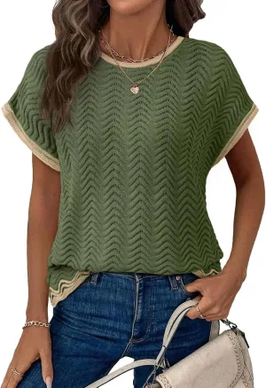 Dokotoo Womens Summer Tops Casual Short Sleeve Wavy Crochet Crewneck Color Block Lightweight Knit Loose Pullover Sweaters