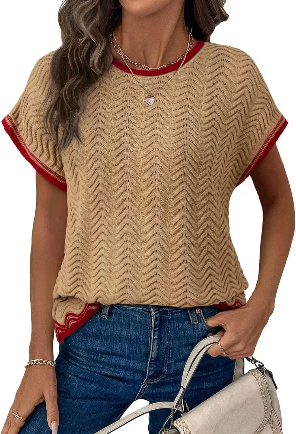 Dokotoo Womens Summer Tops Casual Short Sleeve Wavy Crochet Crewneck Color Block Lightweight Knit Loose Pullover Sweaters