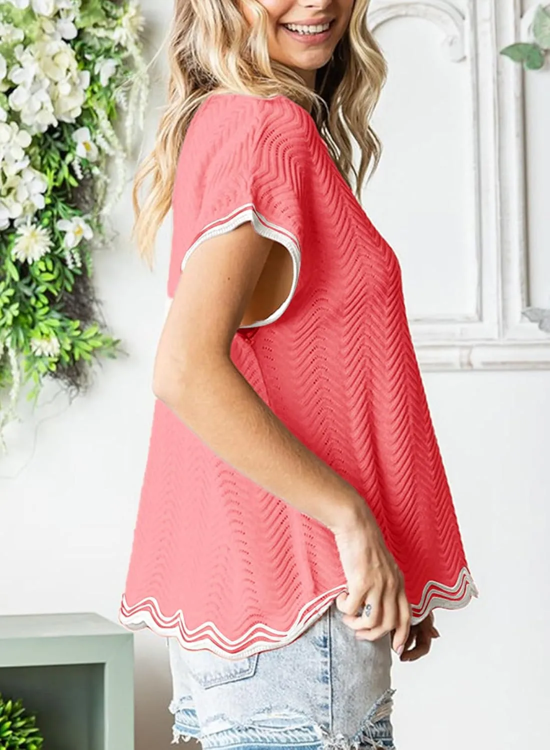 Dokotoo Womens Summer Tops Casual Short Sleeve Wavy Crochet Crewneck Color Block Lightweight Knit Loose Pullover Sweaters