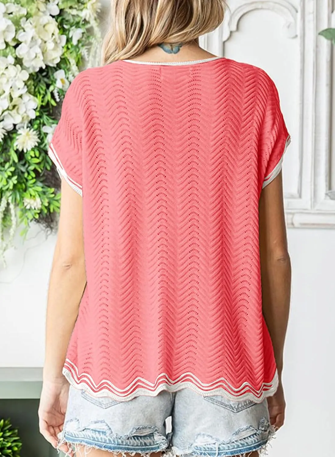 Dokotoo Womens Summer Tops Casual Short Sleeve Wavy Crochet Crewneck Color Block Lightweight Knit Loose Pullover Sweaters
