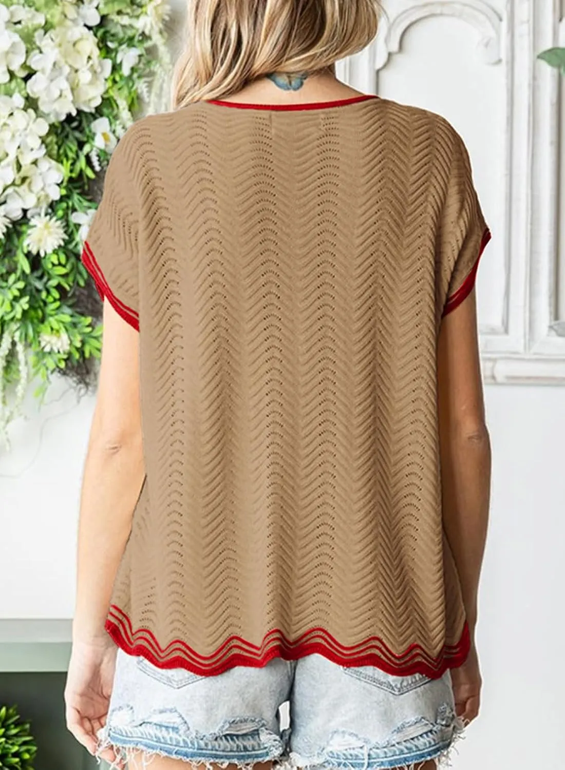 Dokotoo Womens Summer Tops Casual Short Sleeve Wavy Crochet Crewneck Color Block Lightweight Knit Loose Pullover Sweaters