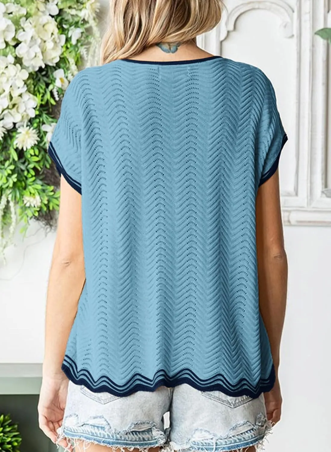 Dokotoo Womens Summer Tops Casual Short Sleeve Wavy Crochet Crewneck Color Block Lightweight Knit Loose Pullover Sweaters