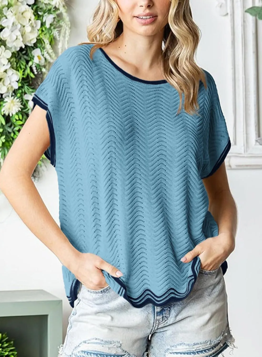 Dokotoo Womens Summer Tops Casual Short Sleeve Wavy Crochet Crewneck Color Block Lightweight Knit Loose Pullover Sweaters