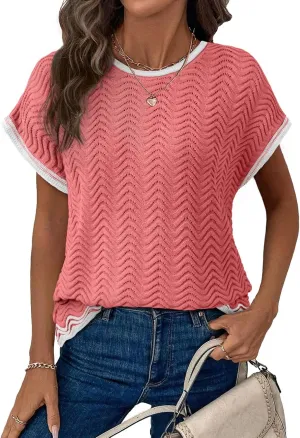 Dokotoo Womens Summer Tops Casual Short Sleeve Wavy Crochet Crewneck Color Block Lightweight Knit Loose Pullover Sweaters