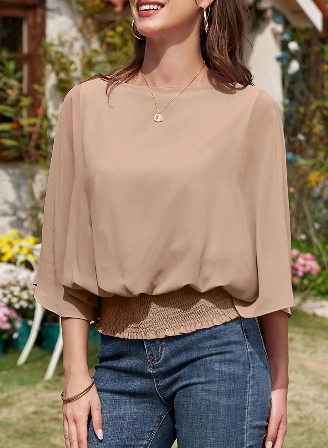 Dokotoo Womens Tops Dressy Casual 3/4 Sleeve Tops Crewneck Business Casual Chiffon Blouses