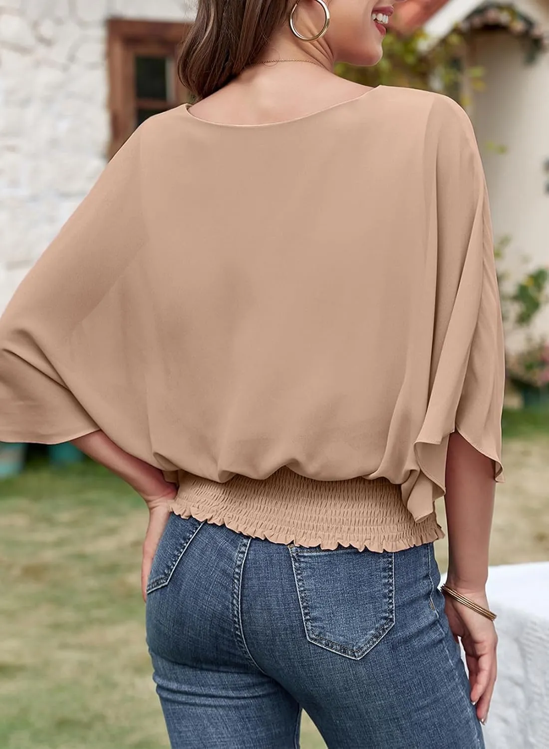 Dokotoo Womens Tops Dressy Casual 3/4 Sleeve Tops Crewneck Business Casual Chiffon Blouses