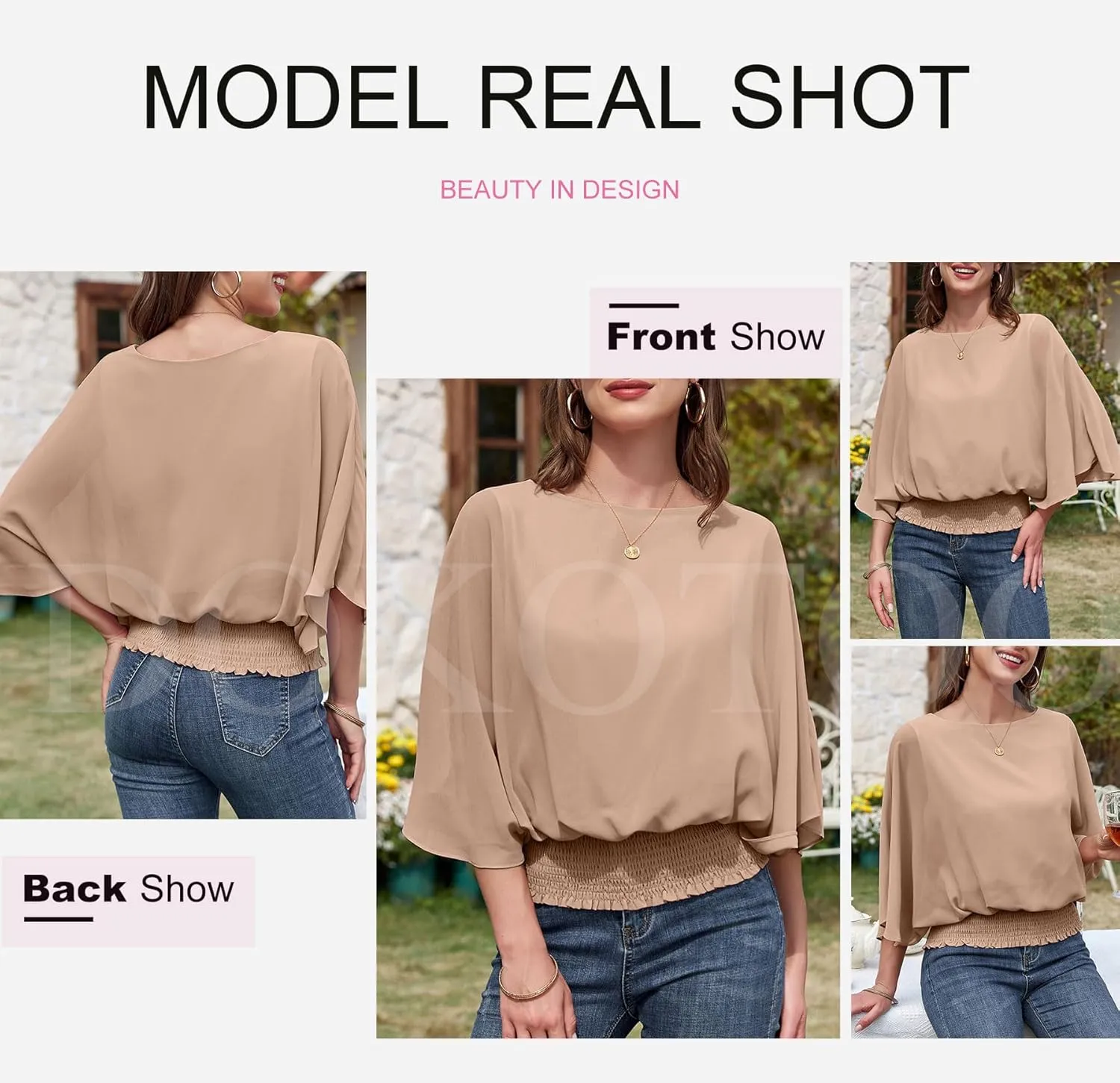 Dokotoo Womens Tops Dressy Casual 3/4 Sleeve Tops Crewneck Business Casual Chiffon Blouses