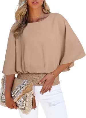 Dokotoo Womens Tops Dressy Casual 3/4 Sleeve Tops Crewneck Business Casual Chiffon Blouses