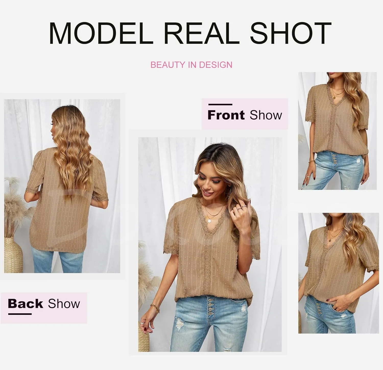 Dokotoo Women's V Neck Lace Crochet Tunic Tops Flowy Casual Blouses Shirts