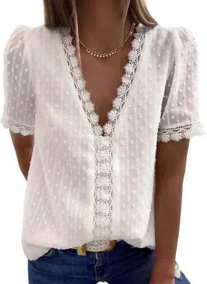 Dokotoo Women's V Neck Lace Crochet Tunic Tops Flowy Casual Blouses Shirts