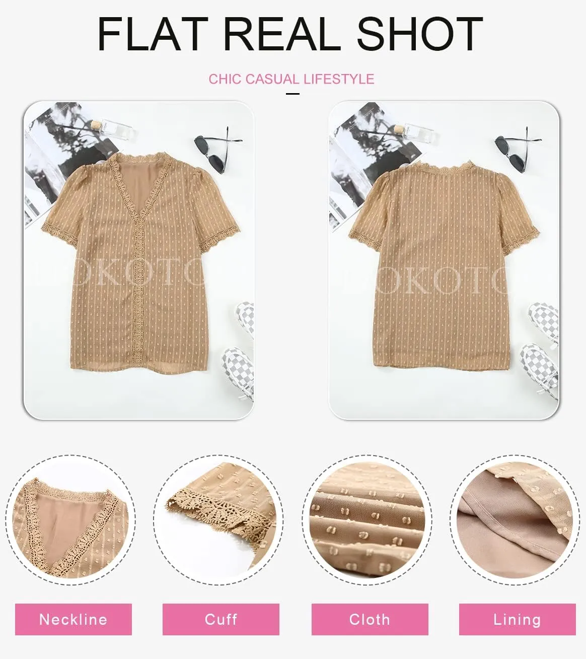 Dokotoo Women's V Neck Lace Crochet Tunic Tops Flowy Casual Blouses Shirts