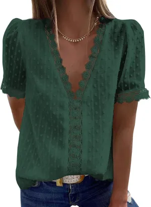 Dokotoo Women's V Neck Lace Crochet Tunic Tops Flowy Casual Blouses Shirts