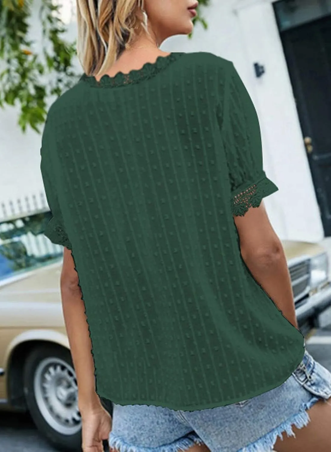 Dokotoo Women's V Neck Lace Crochet Tunic Tops Flowy Casual Blouses Shirts