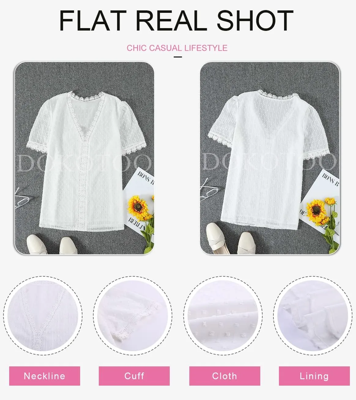 Dokotoo Women's V Neck Lace Crochet Tunic Tops Flowy Casual Blouses Shirts