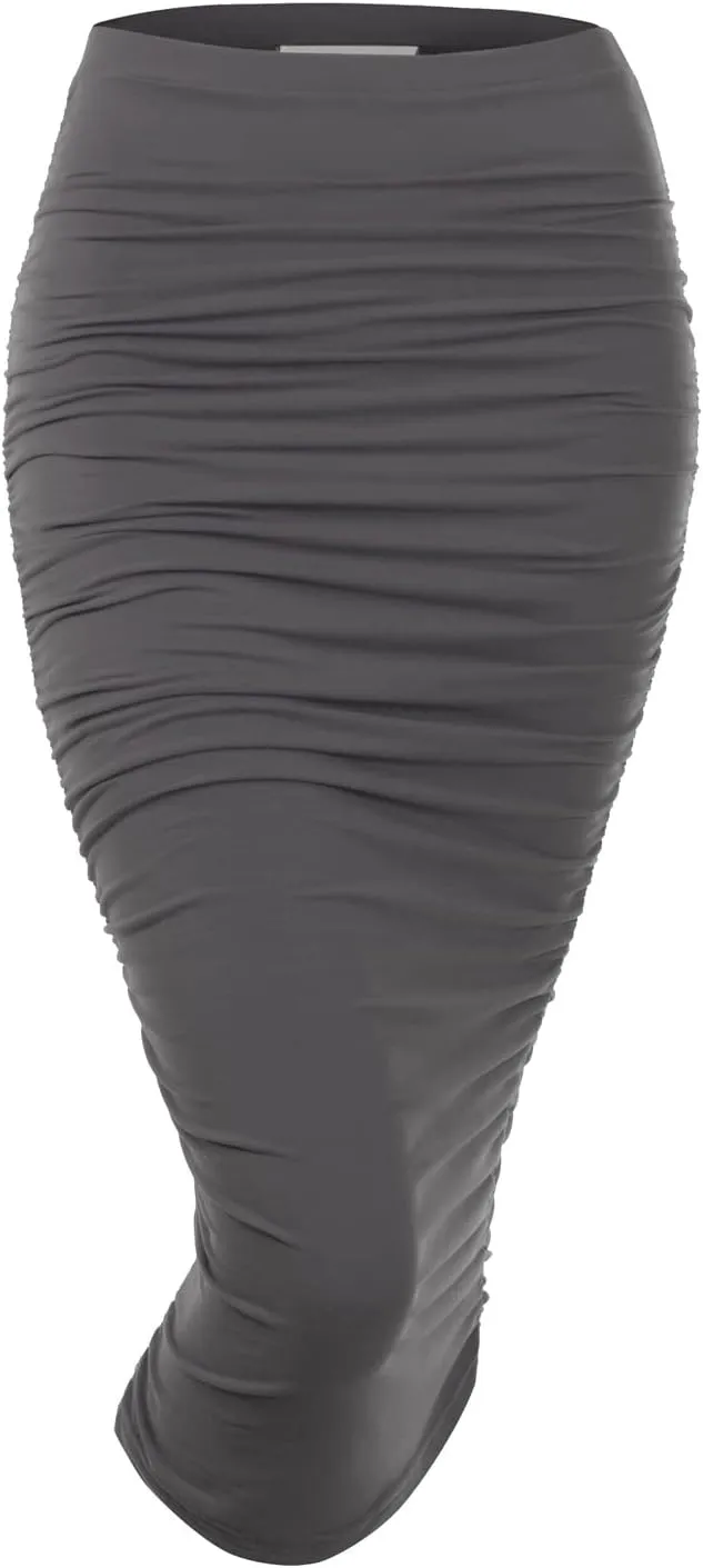 DOUBLJU Slim Fit Ruched Pencil Skirts for Women High Waisted Elastic Band Bodycon Shirring Skirt with Plus Size, Maxi Length