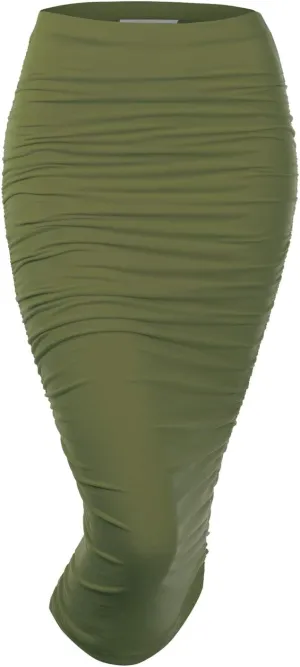 DOUBLJU Slim Fit Ruched Pencil Skirts for Women High Waisted Elastic Band Bodycon Shirring Skirt with Plus Size, Maxi Length