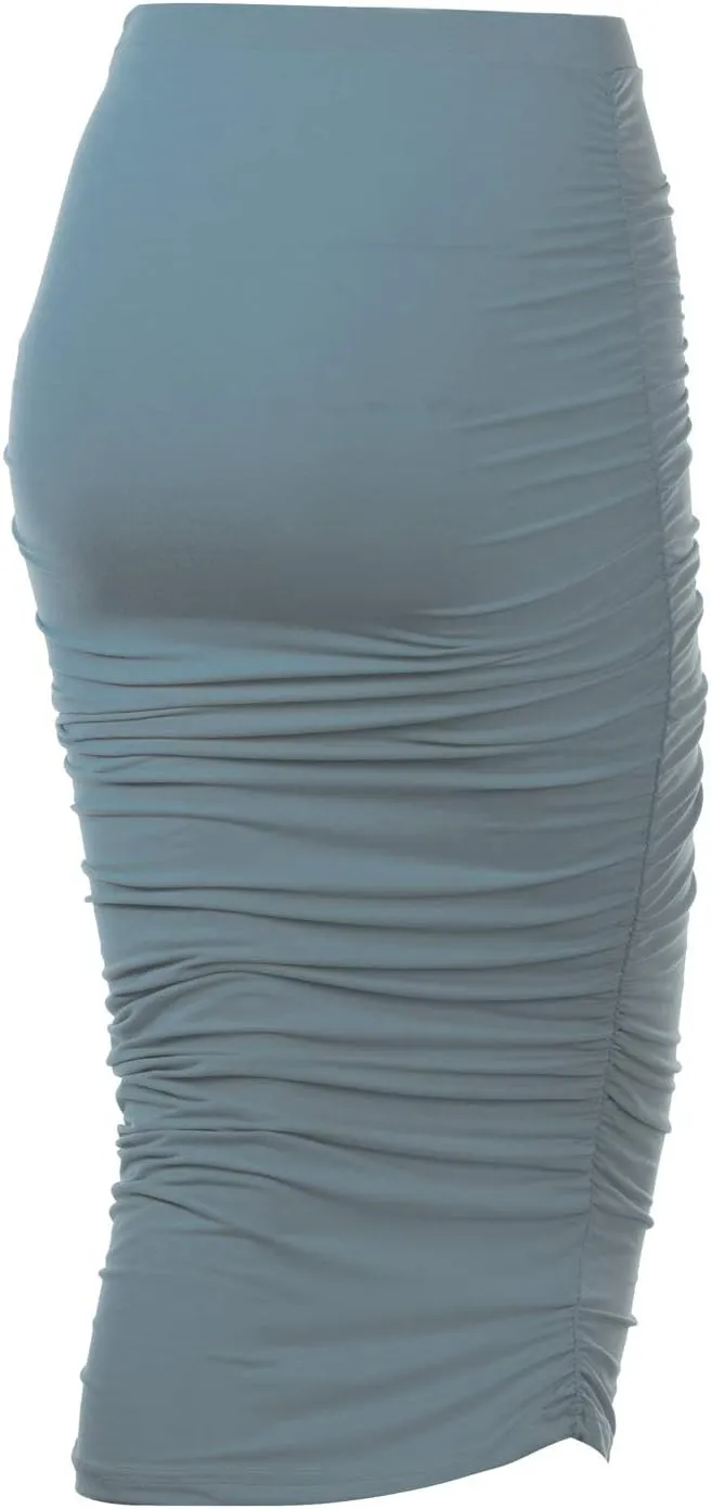 DOUBLJU Slim Fit Ruched Pencil Skirts for Women High Waisted Elastic Band Bodycon Shirring Skirt with Plus Size, Maxi Length