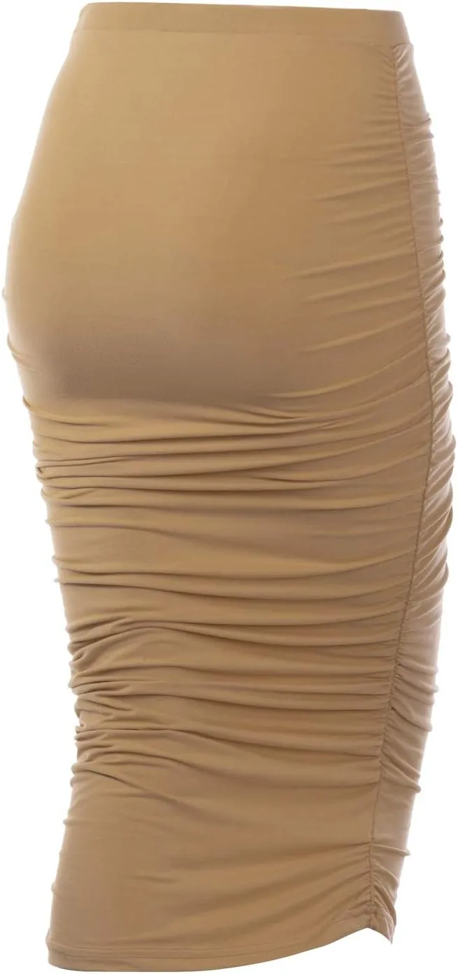 DOUBLJU Slim Fit Ruched Pencil Skirts for Women High Waisted Elastic Band Bodycon Shirring Skirt with Plus Size, Maxi Length