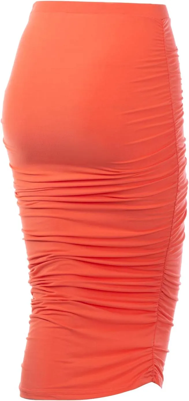 DOUBLJU Slim Fit Ruched Pencil Skirts for Women High Waisted Elastic Band Bodycon Shirring Skirt with Plus Size, Maxi Length