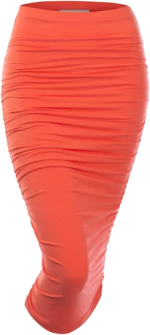 DOUBLJU Slim Fit Ruched Pencil Skirts for Women High Waisted Elastic Band Bodycon Shirring Skirt with Plus Size, Maxi Length