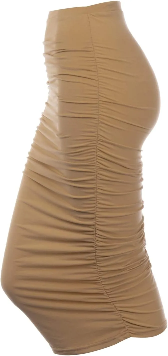 DOUBLJU Slim Fit Ruched Pencil Skirts for Women High Waisted Elastic Band Bodycon Shirring Skirt with Plus Size, Maxi Length