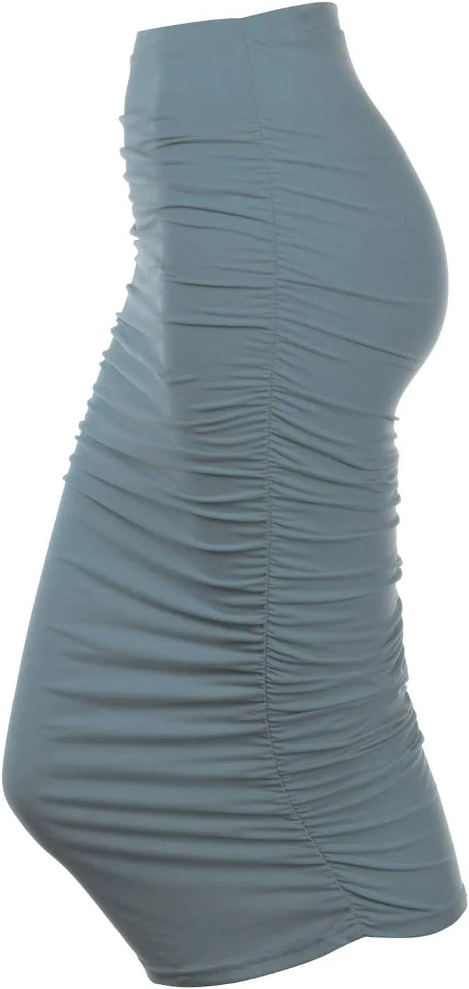 DOUBLJU Slim Fit Ruched Pencil Skirts for Women High Waisted Elastic Band Bodycon Shirring Skirt with Plus Size, Maxi Length
