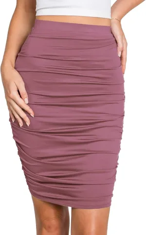 DOUBLJU Slim Fit Ruched Pencil Skirts for Women High Waisted Elastic Band Bodycon Shirring Skirt with Plus Size, Midi Length