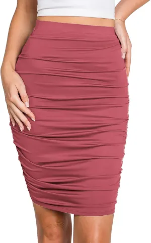 DOUBLJU Slim Fit Ruched Pencil Skirts for Women High Waisted Elastic Band Bodycon Shirring Skirt with Plus Size, Midi Length