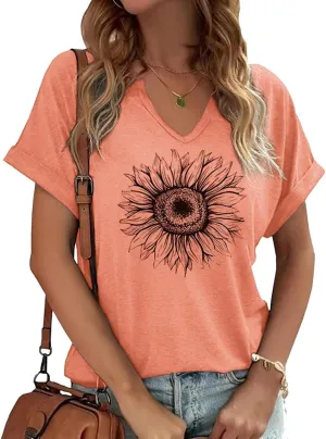 Earlymemb Womens Vintage Flowers V Neck Shirt Boho Floral Wildflowers Graphic Tee Casual Cottagecore Short Sleeve T Shirt