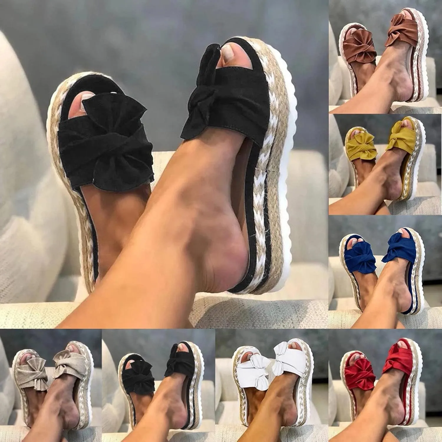 Eduavar Espadrille Sandals for Women, Sandals for Women Dressy Summer Bow Tie Open Toe Slip-on Sandals Wedge Platform Sandals
