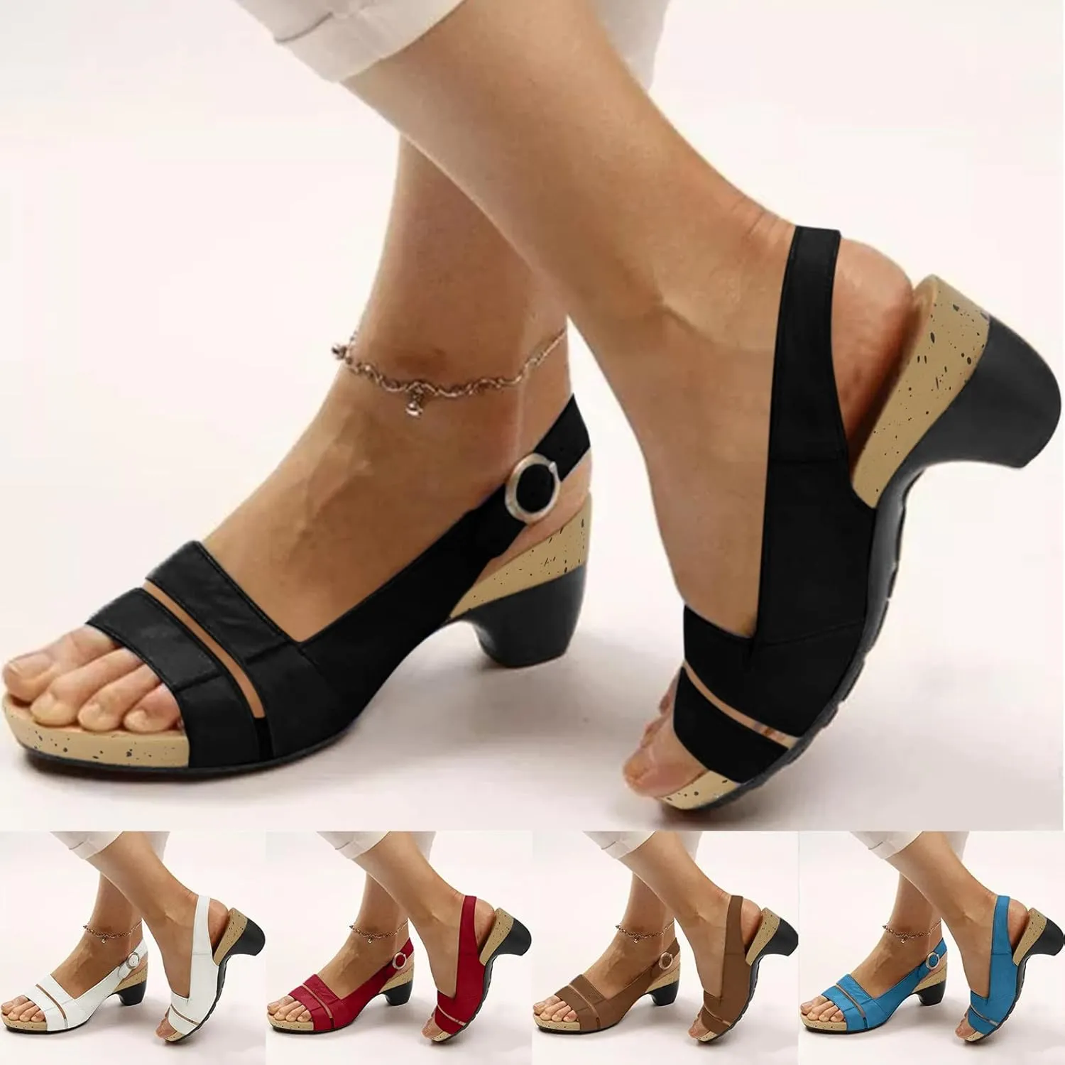 Eduavar Womens Sandals Dressy, Sandals Women Orthopedic Sandals Dressy Open Toe Low Heel Sandals with Ankle Strap