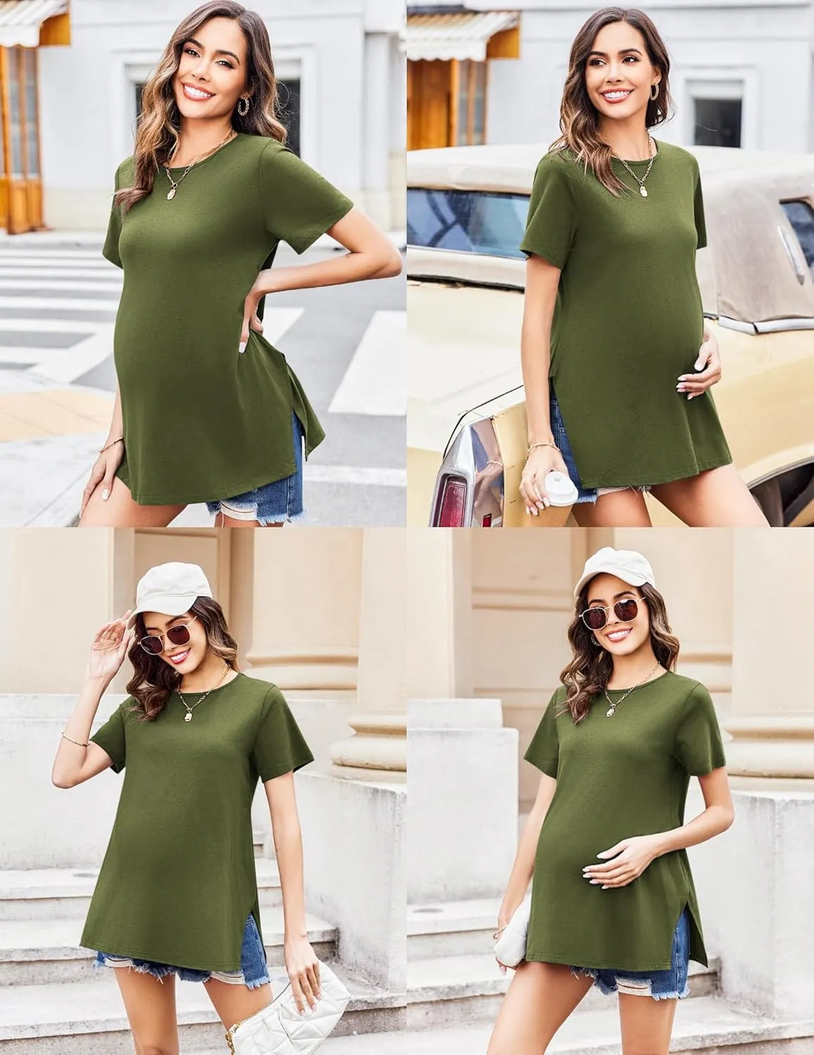 Ekouaer 3 Pack Maternity Shirts Short Sleeve Split Side Pregnancy Tops Casual Pregnant Tunic Blouse