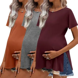 Ekouaer 3 Pack Maternity Shirts Short Sleeve Split Side Pregnancy Tops Casual Pregnant Tunic Blouse