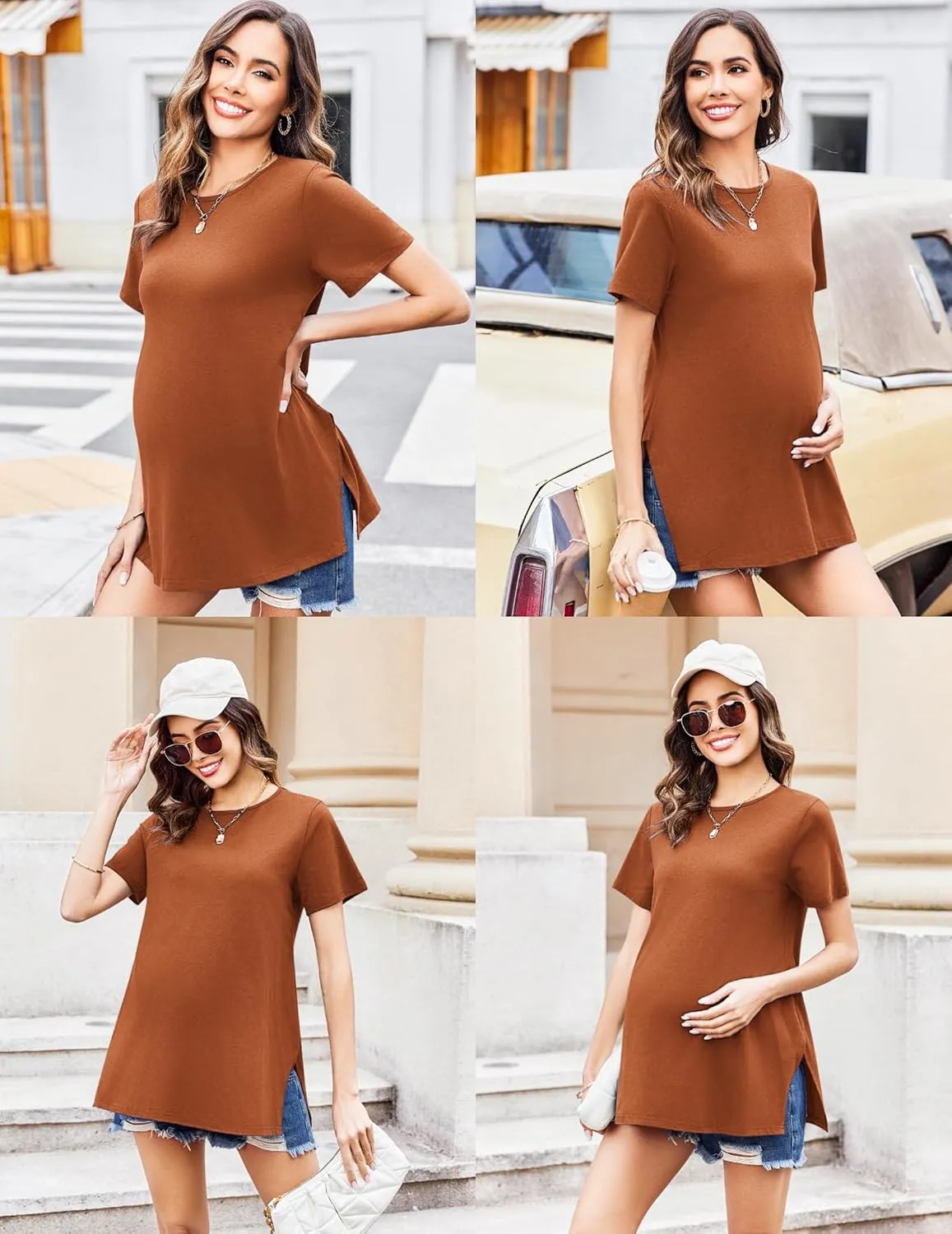 Ekouaer 3 Pack Maternity Shirts Short Sleeve Split Side Pregnancy Tops Casual Pregnant Tunic Blouse