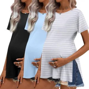 Ekouaer 3 Pack Maternity Shirts Short Sleeve Split Side Pregnancy Tops Casual Pregnant Tunic Blouse