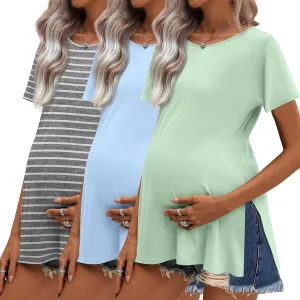 Ekouaer 3 Pack Maternity Shirts Short Sleeve Split Side Pregnancy Tops Casual Pregnant Tunic Blouse