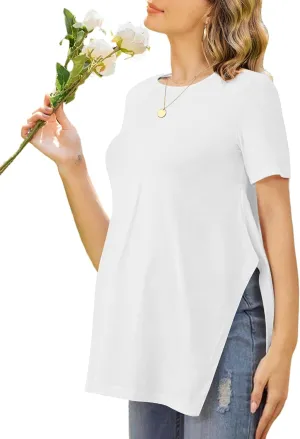 Ekouaer Women's Maternity Shirts Short Sleeve Pregnancy Tops Blouses Split Side Casual Crewneck Pregnant Tunic Tee