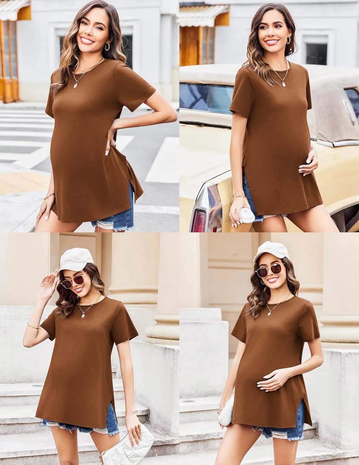 Ekouaer Women's Maternity Shirts Short Sleeve Pregnancy Tops Blouses Split Side Casual Crewneck Pregnant Tunic Tee