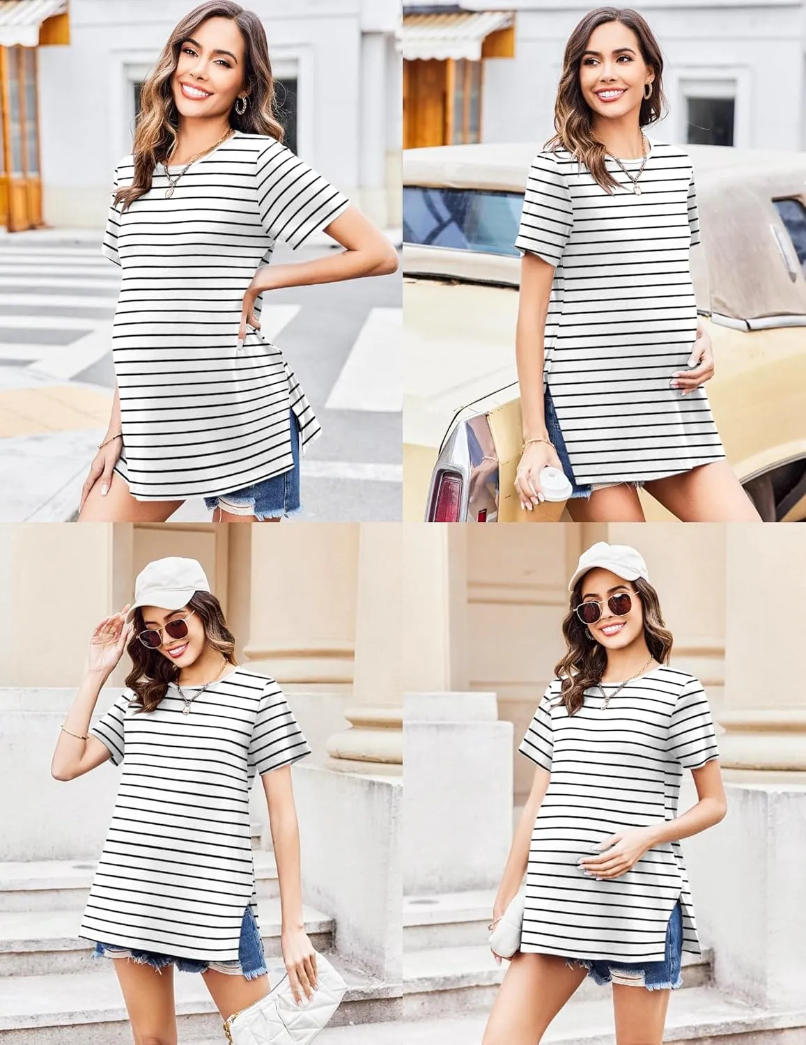 Ekouaer Women's Maternity Shirts Short Sleeve Pregnancy Tops Blouses Split Side Casual Crewneck Pregnant Tunic Tee