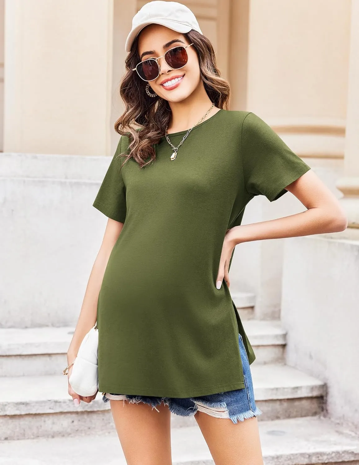 Ekouaer Women's Maternity Shirts Short Sleeve Pregnancy Tops Blouses Split Side Casual Crewneck Pregnant Tunic Tee