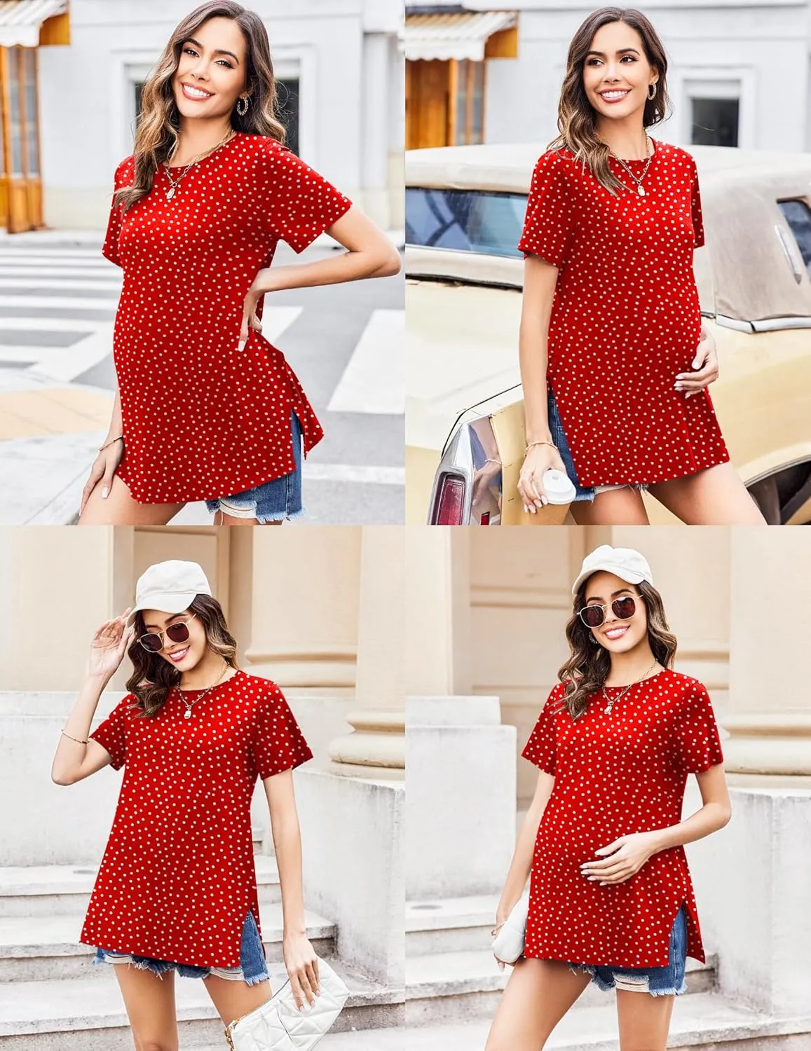 Ekouaer Women's Maternity Shirts Short Sleeve Pregnancy Tops Blouses Split Side Casual Crewneck Pregnant Tunic Tee