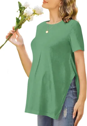 Ekouaer Women's Maternity Shirts Short Sleeve Pregnancy Tops Blouses Split Side Casual Crewneck Pregnant Tunic Tee