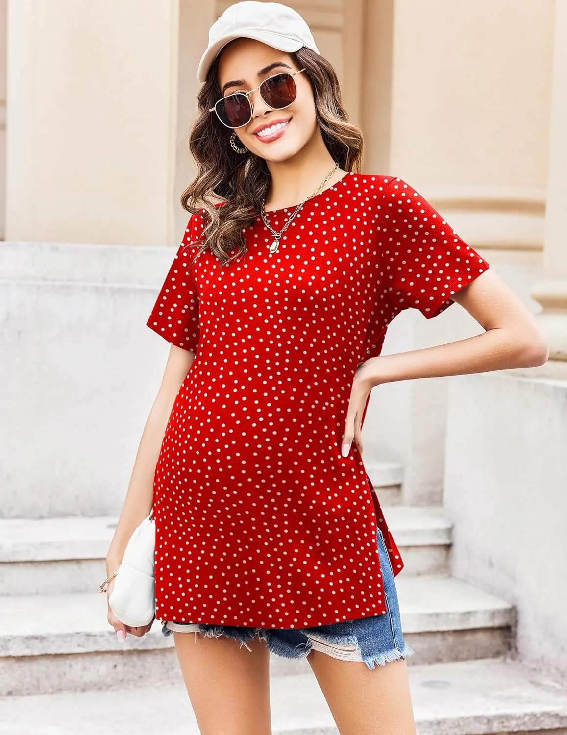 Ekouaer Women's Maternity Shirts Short Sleeve Pregnancy Tops Blouses Split Side Casual Crewneck Pregnant Tunic Tee