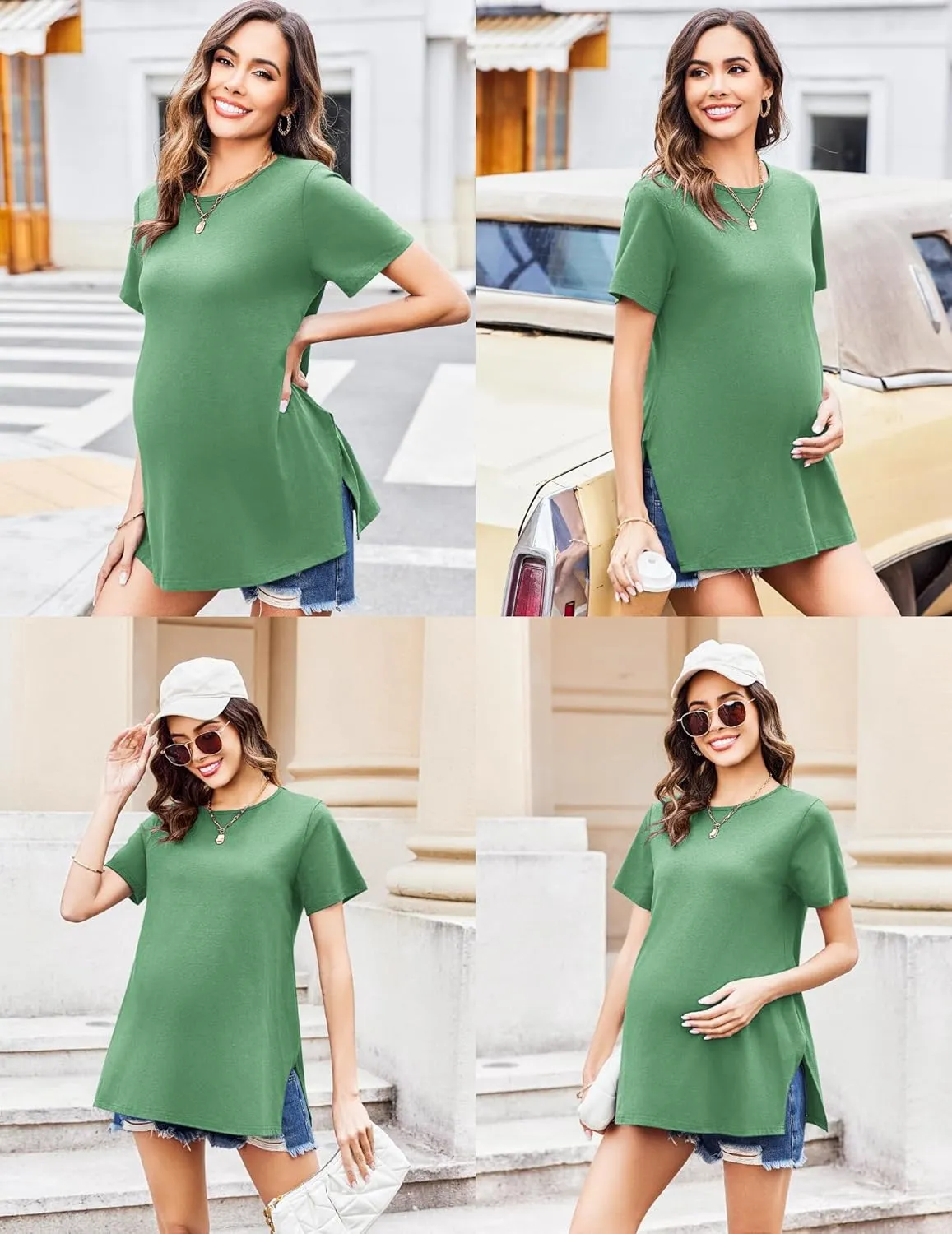 Ekouaer Women's Maternity Shirts Short Sleeve Pregnancy Tops Blouses Split Side Casual Crewneck Pregnant Tunic Tee