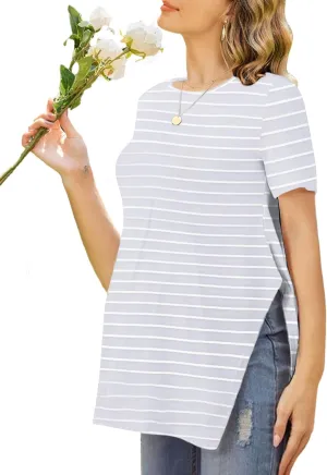 Ekouaer Women's Maternity Shirts Short Sleeve Pregnancy Tops Blouses Split Side Casual Crewneck Pregnant Tunic Tee