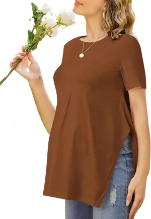 Ekouaer Women's Maternity Shirts Short Sleeve Pregnancy Tops Blouses Split Side Casual Crewneck Pregnant Tunic Tee